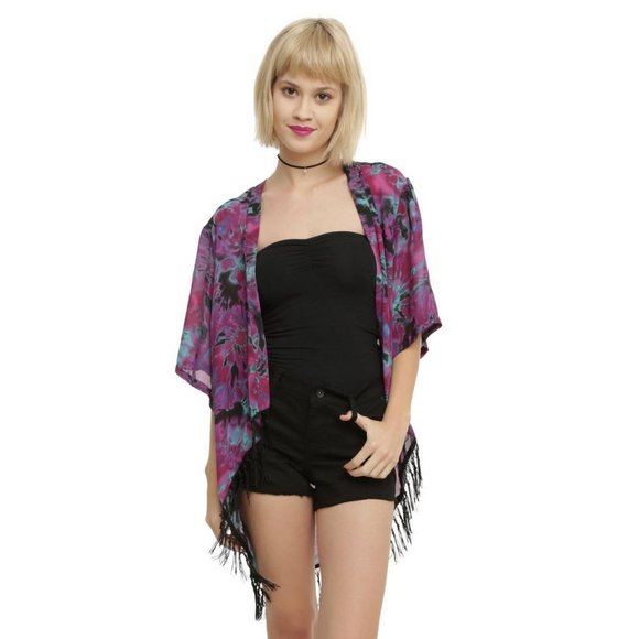 Hot Topic Tie Dye Fringe Kimono Purple Size Medium - Picture 2 of 7